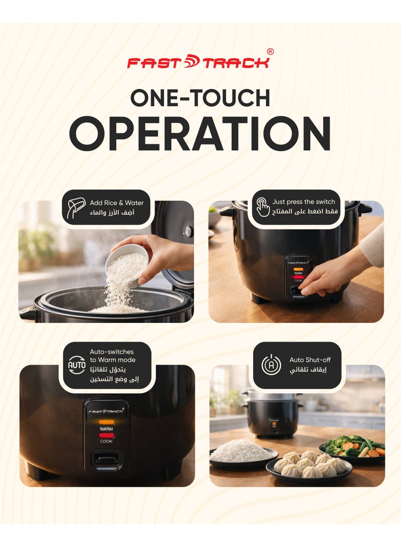 فاست تراك طباخة أرز 3 في 1 بسعة 1.8 لتر مع سلة تبخير، قدر داخلي غير لاصق، وظائف الطهي والتبخير والحفاظ على السخونة، تشغيل بلمسة واحدة، 700 واط – RC-1801BK - Image 2